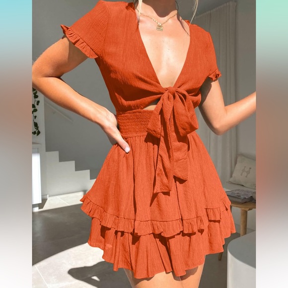 Summer Mini Dress Tie Front V Neck Short Sleeve Ruffle Layer A-Line Short Dress - Picture 2 of 4